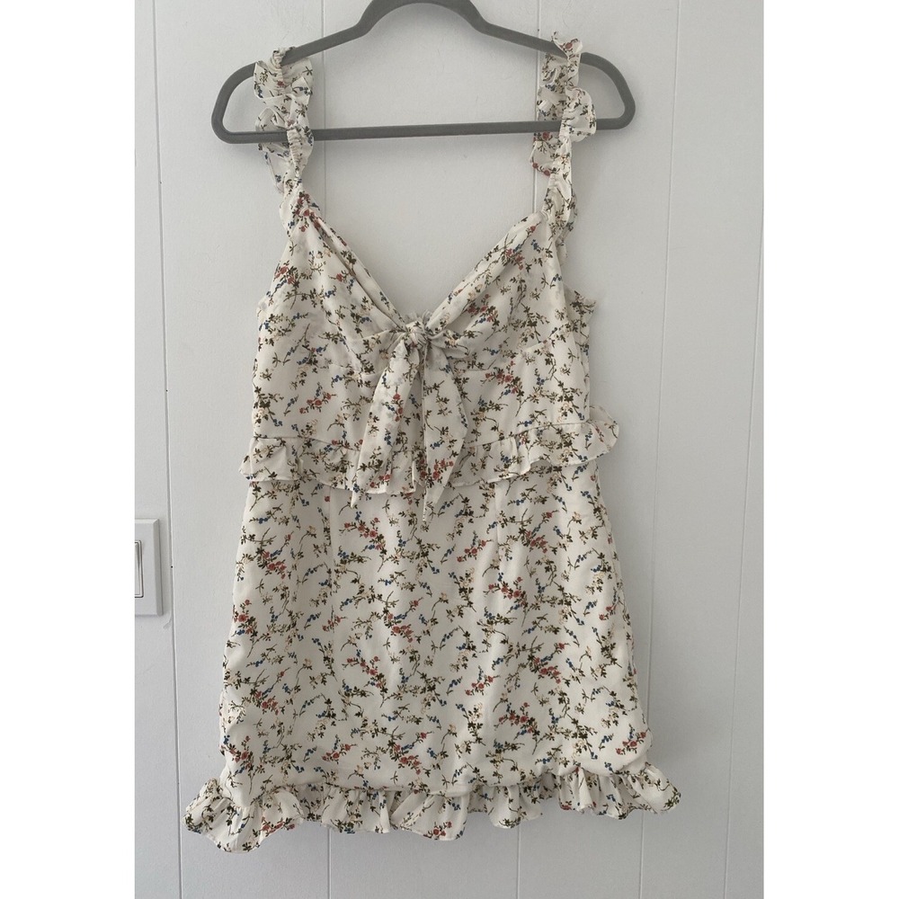 NASTY GAL Size 10 Floral‎ Tie-Bust Ruffle Sleeve Body Mini Dress White Floral